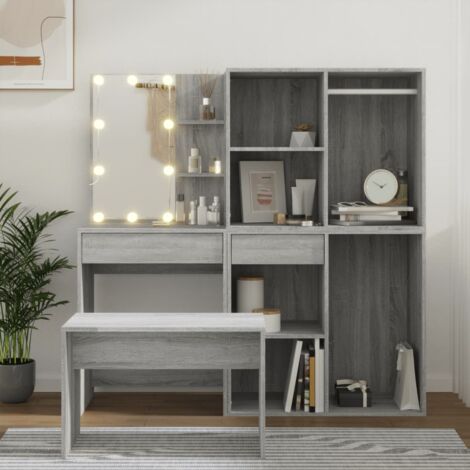 Ensemble de Coiffeuse  Table de maquillage Coiffeuse Maquillage avec LED Sonoma gris Bois d'ingénierie CVW15461