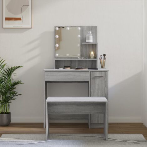 Ensemble de Coiffeuse  Table de maquillage Coiffeuse Maquillage avec LED Sonoma gris Bois d'ingénierie CVW25345