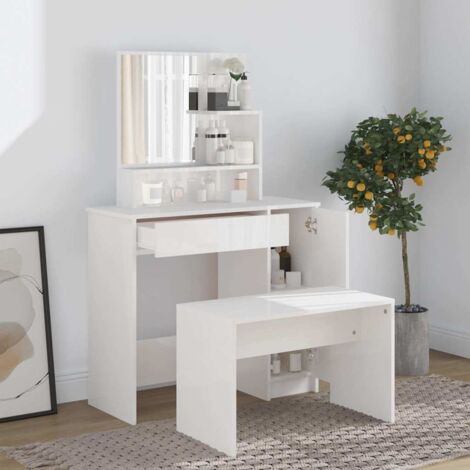 Ensemble de coiffeuse  Table de maquillage  Compartiments de Rangement  Coiffeuse Maquillage Blanc brillant 86,5x35x136 cm DNBD50143
