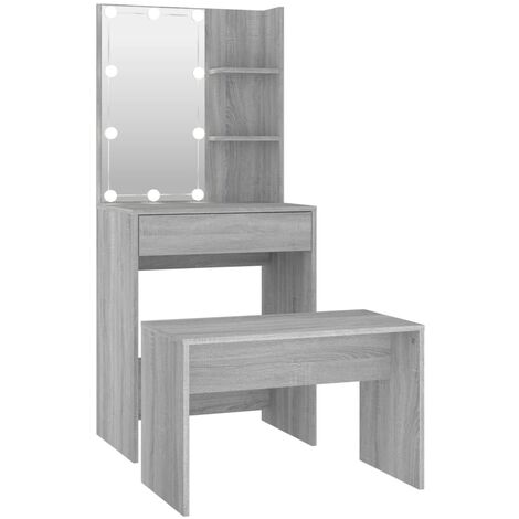 Ensemble de coiffeuse tabouret avec led 60 x 40 x 140 cm bois d'ingénierie gris