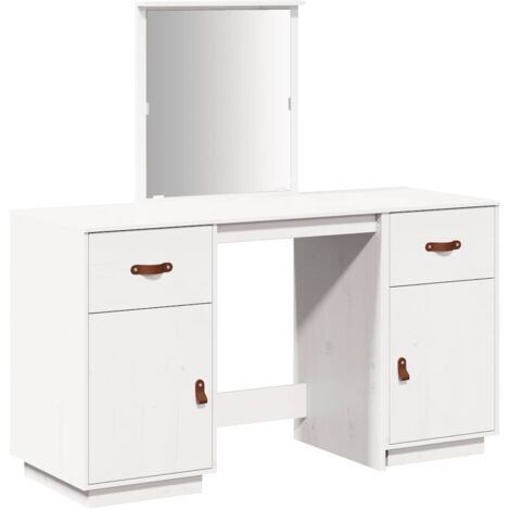 Ensemble de Coiffeuse + tabouret avec miroir Design moderne, pour chambre, Dressing, Blanc Bois de pin solide OIB9513E