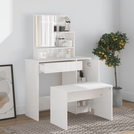 Ensemble de coiffeuse + tabouret  Table de maquillage Blanc brillant 86,5x35x136 cm 39463