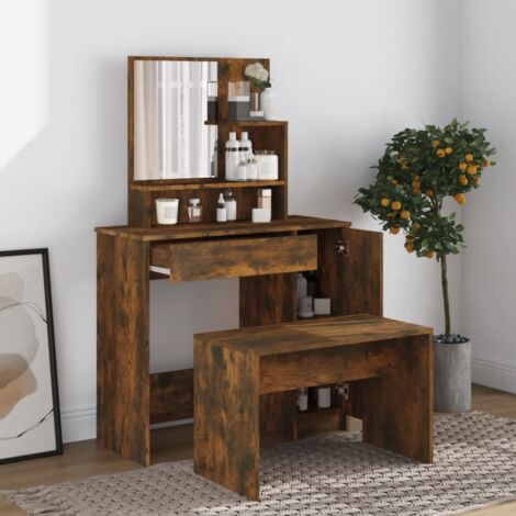 Ensemble de coiffeuse + tabouret  Table de maquillage Chêne fumé 86,5x35x136 cm 97750