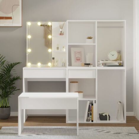 Ensemble de Coiffeuse，Table de maquillage，Coiffeuse Maquillage avec LED Blanc Bois d'ingénierie CFW65244