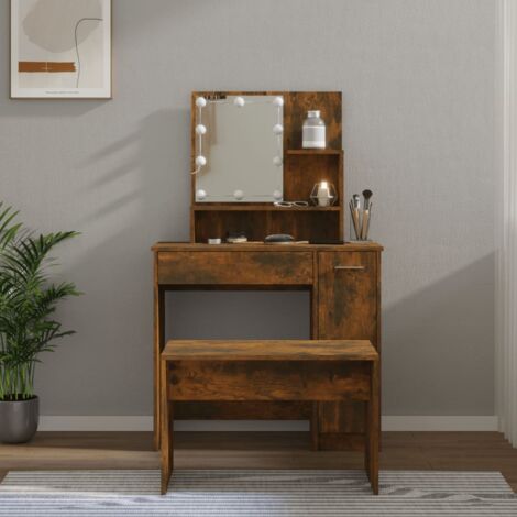 Ensemble de Coiffeuse，Table de maquillage，Coiffeuse Maquillage avec LED Chêne fumé Bois d'ingénierie CFW81863