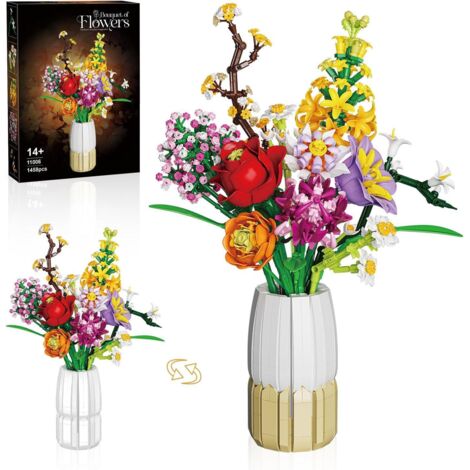 Ensemble de construction de bouquet en vase 2 en 1, bouquet de fleurs artificielles pour adultes et enfants Bouquet Plant, 1458 pièces