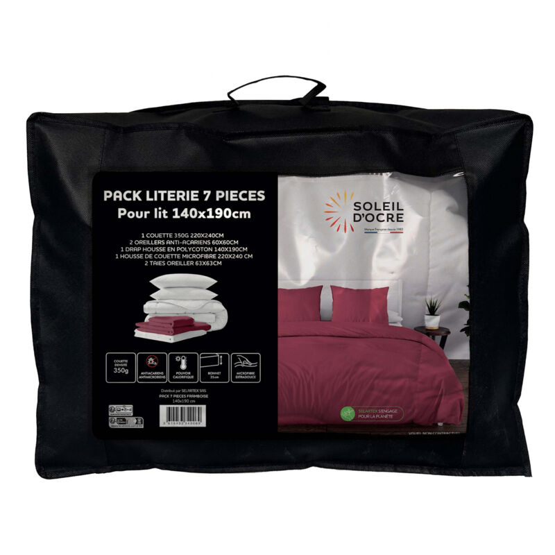 Ensemble couette et parure 7 Pièces BOHEME framboise pour lit en 140x190 cm, par Soleil d'ocre