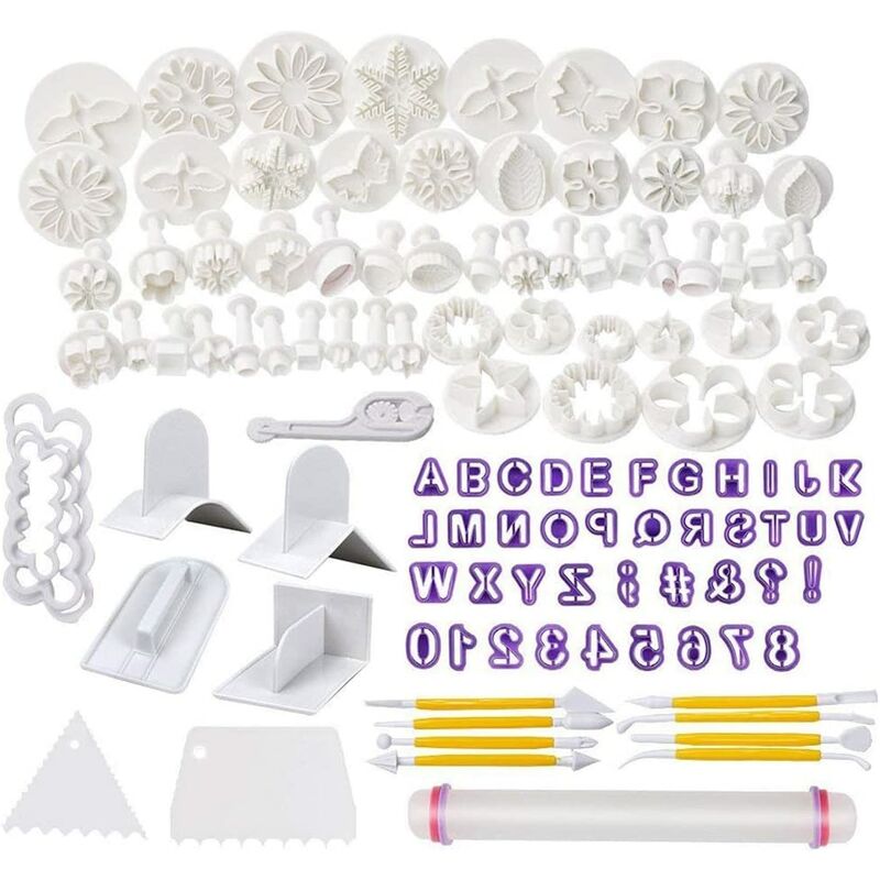 Bares - Ensemble de coupe-biscuits à fondant de 114 pièces pour lettres, chiffres, ensemble de formes de fleurs de rose, outils à fondant, tampon
