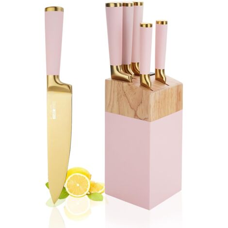 Ensemble de Couteaux de Cuisine, 6 Couteaux En Acier Inoxydable Rose Avec Bloc, Bloc de Couteaux Ultra Tranchant Avec Manche Confortable, Couteau de Chef Pour La Cuisine Maison