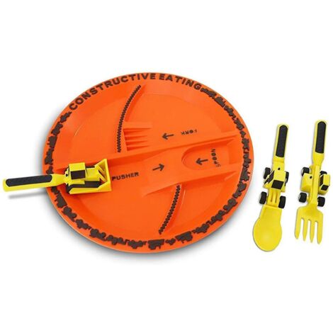Ensemble de couverts 3 pièces pour bulldozer et excavatrice, comprenant une assiette, un plateau et une lame.