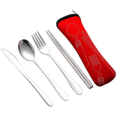 Ensemble de couverts 4 pièces en acier inoxydable portable, comprenant une cuillère, une fourchette et un couteau à steak, avec sac