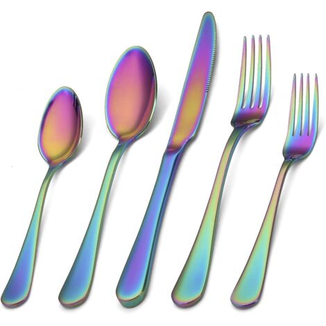 Ensemble de couverts 5 pièces en acier inoxydable finition satinée arc-en-ciel pour la maison et le restaurant