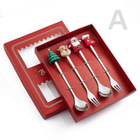 Ensemble de couverts de Noël doré (6/4 pièces) : cuillère, fourchette, motif élan, sapin, cuillère à dessert, fourchette à fruits, cuillère à café. - 4 pièces - Argent - A3