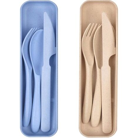 Ensemble de couverts de voyage avec étui, lot de 2 couverts en plastique réutilisables, fourchettes, cuillères, couverts de camping