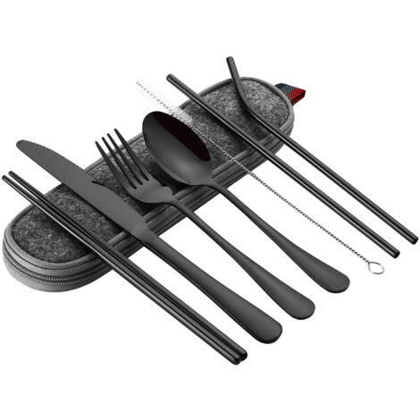 Ensemble de couverts de voyage en acier inoxydable 8 pièces avec étui, couteau, fourchette, cuillère, pailles et brosse de nettoyage