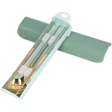 Ensemble de couverts de voyage en acier inoxydable vert et or, fourchette, cuillère, baguettes réutilisables avec étui