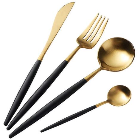 Ensemble de couverts dorés 2024, 4 pièces, en acier inoxydable, avec couteau et fourchette dorés.