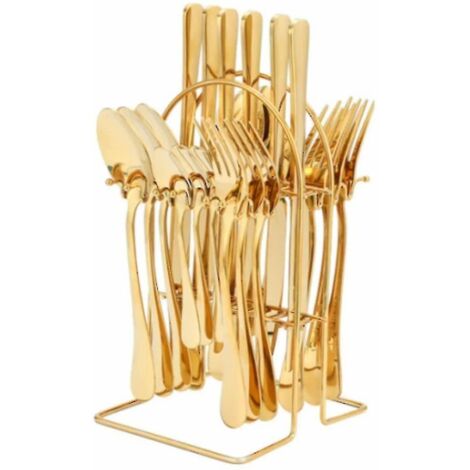 Ensemble de couverts dorés - Ensemble de couverts en acier inoxydable poli doré - Ensemble de 24 pièces - Comprend un porte-couverts doré - Compatible lave-vaisselle -