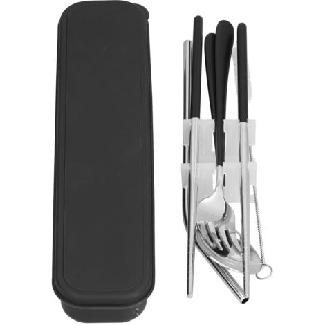 Ensemble de couverts en acier inoxydable 304 portable - fourchette, cuillère, baguettes et paille pour activités extérieures (boîte de rangement noire)