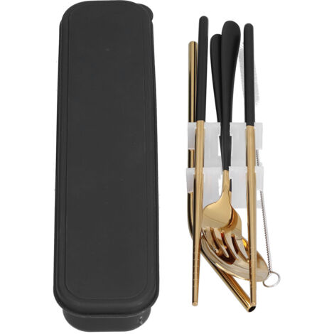 Ensemble de couverts en acier inoxydable 304 portable pour extérieur avec fourchette, cuillère, baguettes et paille (Boîte de rangement noire)