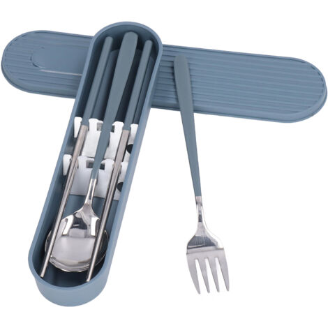 Ensemble de couverts en acier inoxydable 304 réutilisables pour étudiants et bureau - Fourchette, cuillère, baguettes bleu argenté