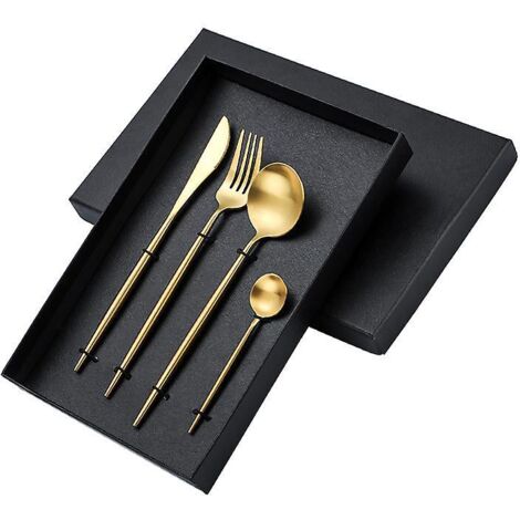 Ensemble de couverts en acier inoxydable à manche carré doré - Style western épuré : fourchette à dessert, cuillère à thé au lait et cuillère à thé.