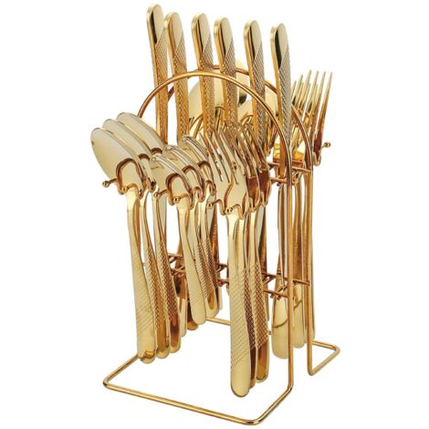 Ensemble de Couverts en Or et Argent, Ensemble de24Pièces de Couverts Dorés avec Support pour6,Ensemble d'Ustensiles en Argent Poli