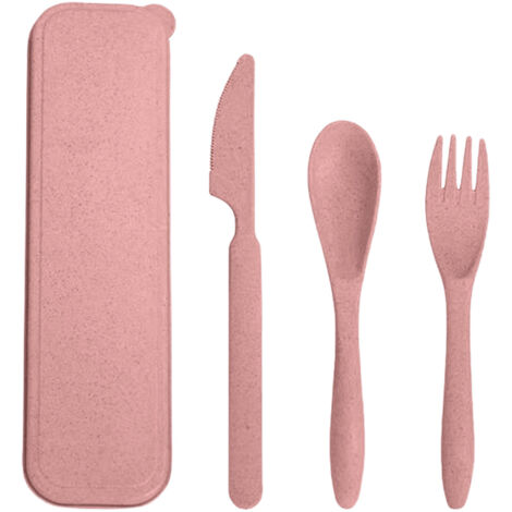 Ensemble de couverts en paille de blé, comprenant une fourchette, une cuillère et un couteau portables modernes avec boîte de rangement, idéal pour le bureau, l'école et les pique-niques, rose.