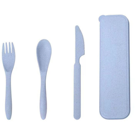 Ensemble de couverts en paille, fourchette, cuillère et couteau portables modernes avec boîte de rangement, idéal pour le bureau, l'école et les pique-niques, bleu.