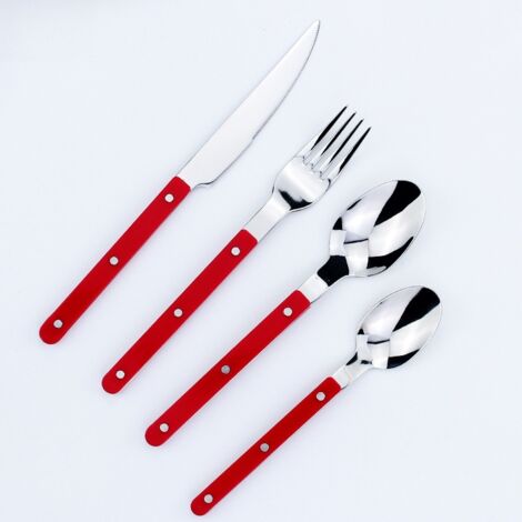 Ensemble de couverts français, ensemble de quatre pièces, couteau à steak, fourchette et cuillère en acier inoxydable pour bistrots, restaurants et usage domestique.