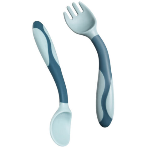 Ensemble de couverts pliables pour l'apprentissage de l'alimentation de bébé, cuillère et fourchette à torsion coudée (bleu)