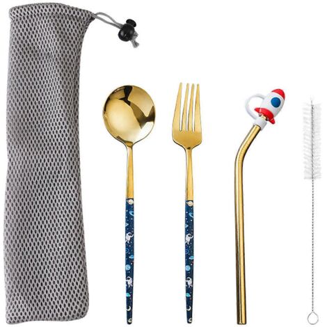 Ensemble de couverts portables en acier inoxydable : fourchette, cuillère, pailles.