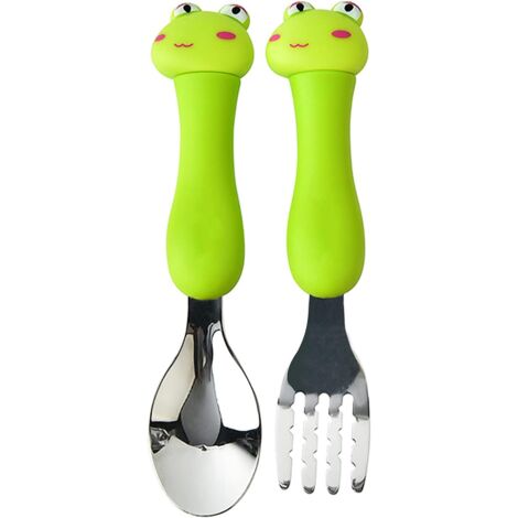 Ensemble de couverts pour enfants en acier inoxydable, fourchette et cuillère, 1 ensemble, avec boîte, motif animal de dessin animé (grenouille)