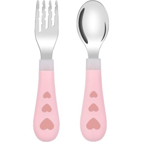 Ensemble de couverts pour enfants, ensemble de cuillères et fourchettes en acier inoxydable (cœur rose)