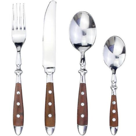 Ensemble de couverts western 4 en 1 en acier inoxydable avec poignées en résine élégantes et rivets classiques – 3152 marron