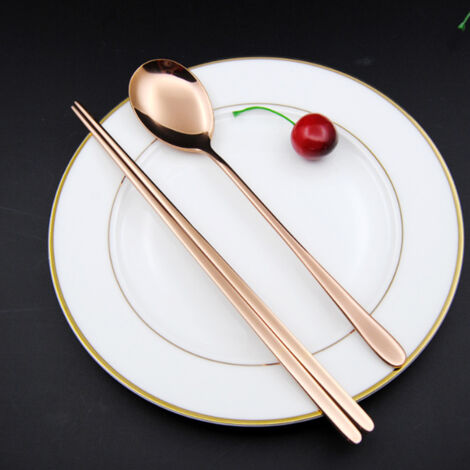 Ensemble de Cuillère et Baguettes en Acier Inoxydable 304 Style Coréen Cadeau de Noël (Couleur Rose)