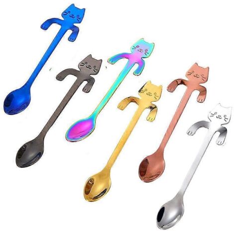 Ensemble de cuillères à café et à thé Cat Spoon, cuillère à thé suspendue en acier inoxydable, mini longue cuillère mignonne en forme de chaton pour mélanger desserts, boissons et milkshakes (Multico