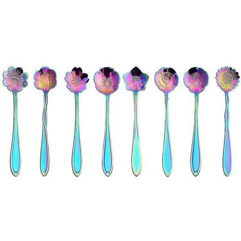 Ensemble de cuillères à fleurs - 8 cuillères à café aux couleurs de l'arc-en-ciel pour mélanger le café, le thé, le sucre et la crème glacée - 8 mini couverts colorés aux motifs différents