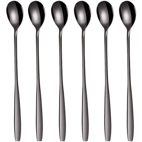 Ensemble de cuillères à latte macchiato, 6 pièces, 19 cm - Longues cuillères pour cocktails et desserts, acier inoxydable poli,