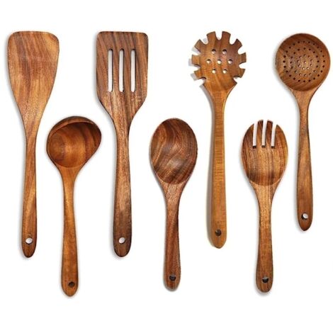 Ensemble de cuillères de cuisine en bois, 7 ustensiles de cuisine en bois de teck, ensemble de cuillères de cuisine en bois