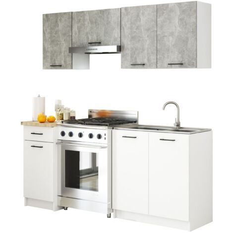 Ensemble De Cuisine AKORD OLIWIA 1.8m Béton 180 cm 7 portes 1 tiroir façade Blanche 8 étagères 180x46x203 cm