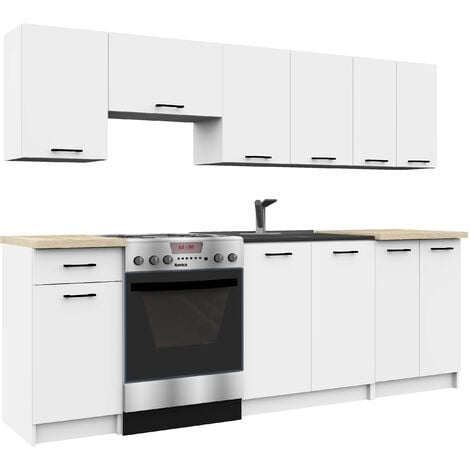 Ensemble De Cuisine AKORD OLIWIA 2.4m Blanc 240 cm 11 portes 1 tiroir façade Blanche 240x46x203 cm