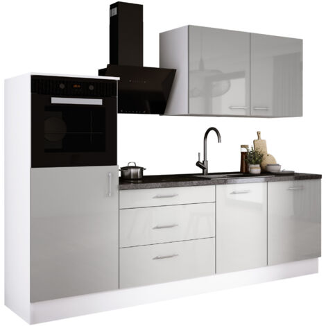 Ensemble de cuisine : Blanc Mat, Gris Glace, d : l : 250 cm, h : 220 cm, p : 60 cm