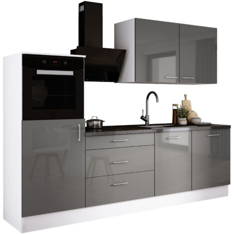 Ensemble de cuisine : Blanc Mat, Gris Mat, d : l : 250 cm, h : 220 cm, p : 60 cm
