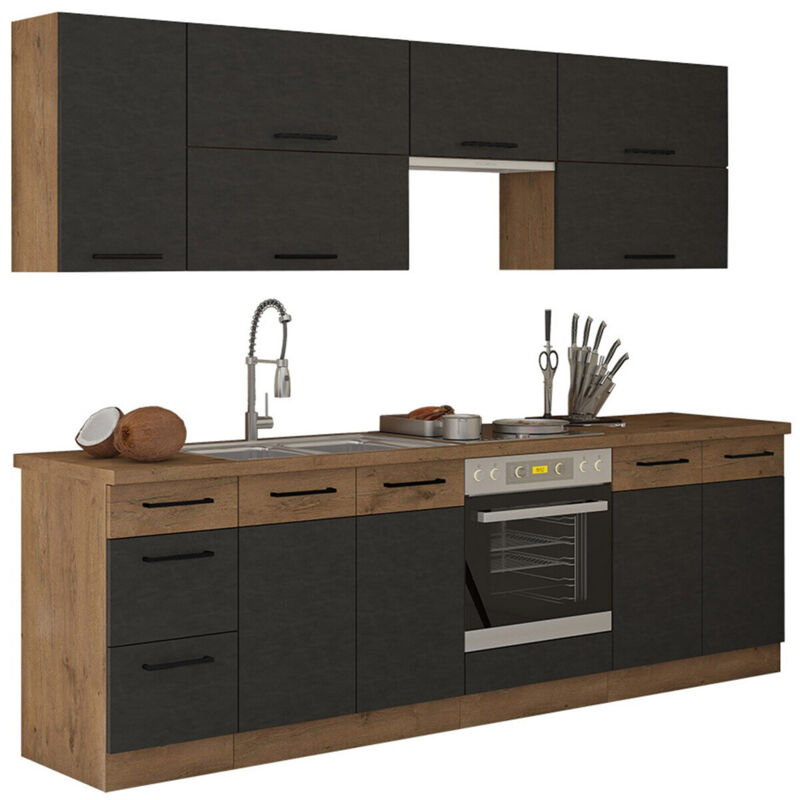 Ensemble de cuisine Color 101, 260x52cm, mdf, Stratifié - Chêne lancelot + Matera gris