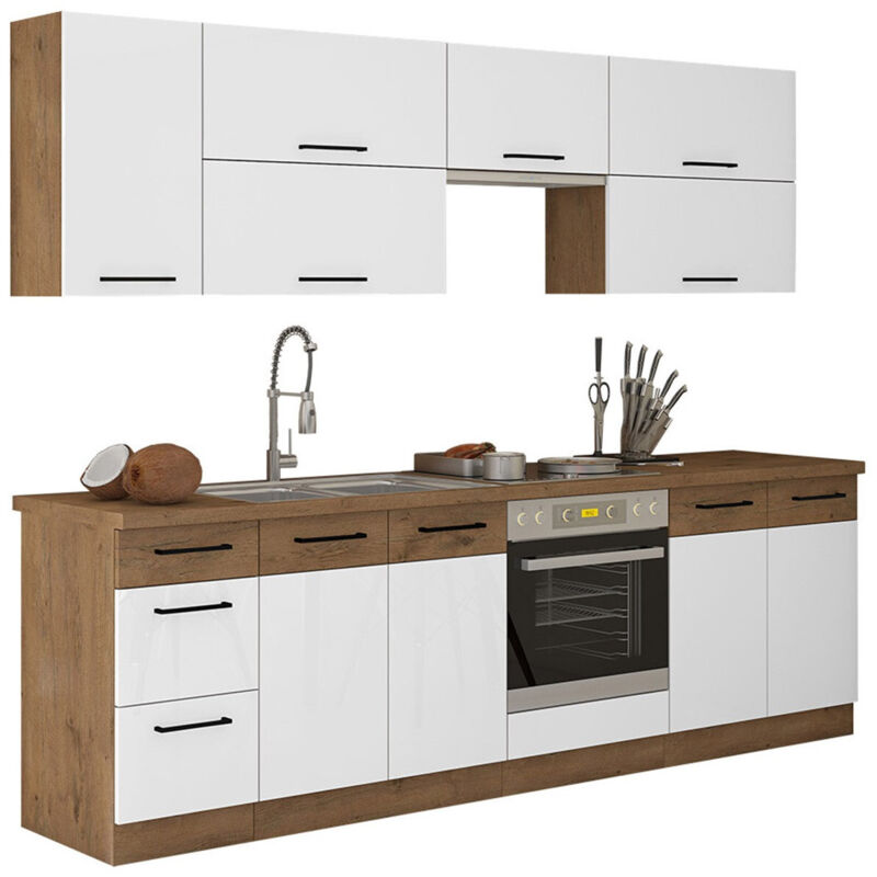 Ensemble de cuisine Color 101, 260x52cm, mdf, Stratifié - Chêne lancelot + Blanc brillant