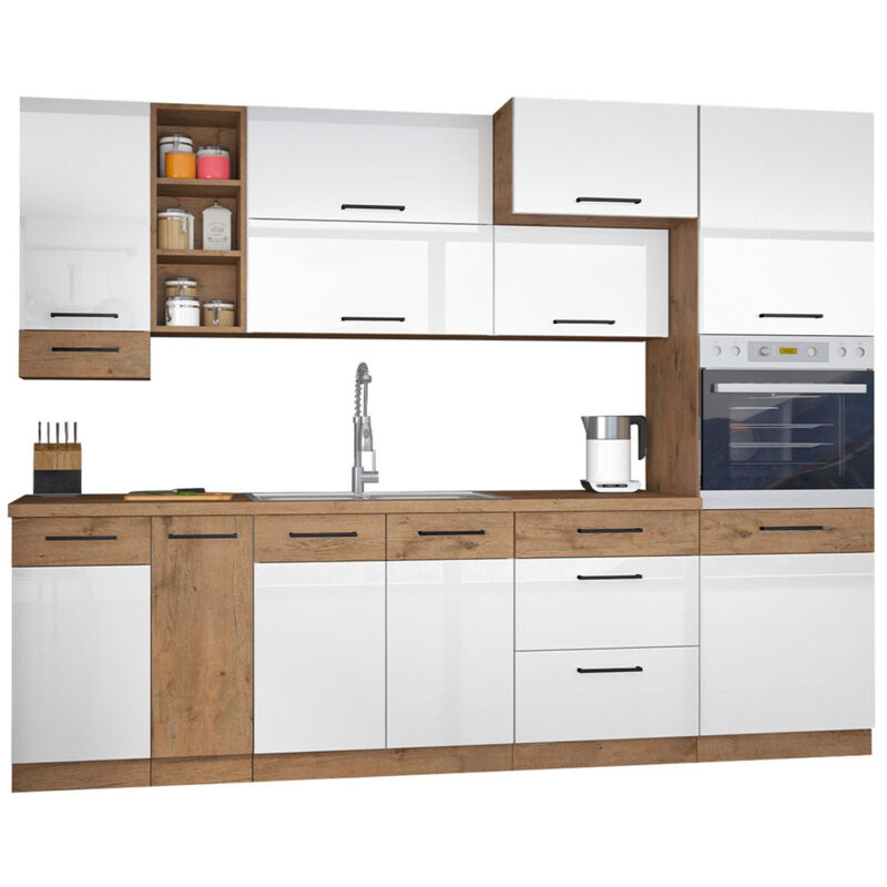 Ensemble de cuisine Color 102, 270x57cm, mdf, Stratifié - Chêne lancelot + Blanc brillant