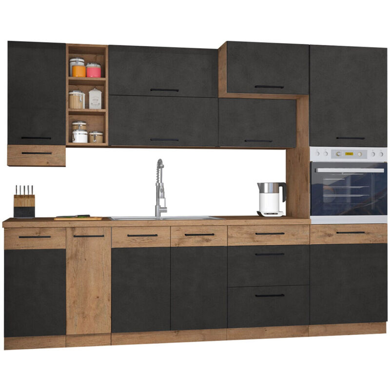 Ensemble de cuisine Color 102, 270x57cm, MDF, Stratifié - Chêne lancelot + Matera gris