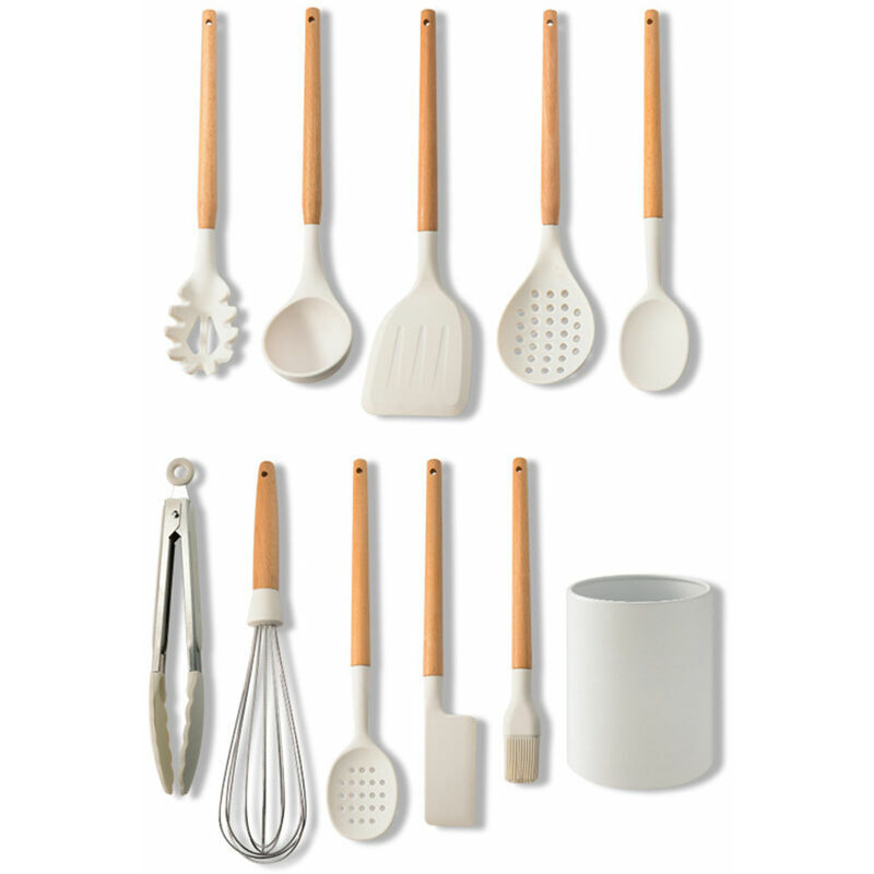 Ensemble de cuisine en silicone blanc laiteux, spatule de cuisine de cuisine en silicone antiadhésive (ensemble de 10 pièces + seau de rangement)