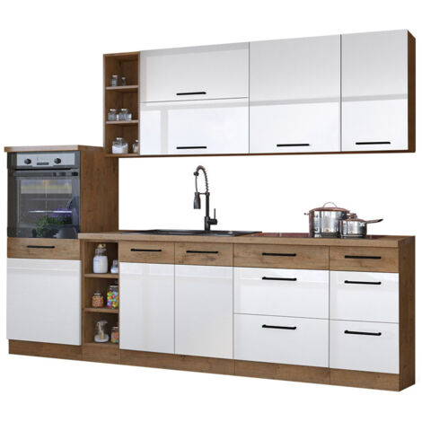 Ensemble de cuisine modulaire Wood White 136 , 270x52cm, Plan de travail, Stratifié, LED